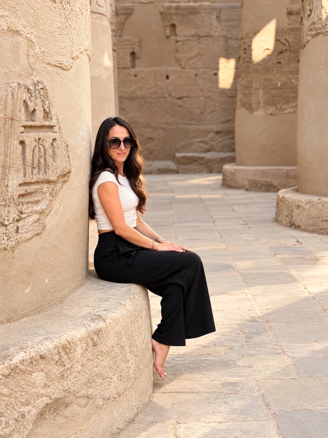 Tina sitting against an ancient carved stone column, in quiet afternoon light